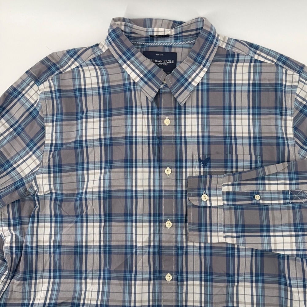 American Eagle Button Down Mens XXL Blue Plaid Long Sleeve Cotton Casual Shirt